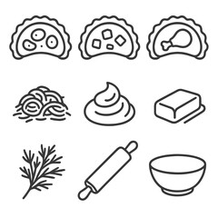 Pierogi Flavors Icons. Line style icons of Pierogi Stand Flavors: potato pierogi, cheese pierogi, meat pierogi, fried onion heap,