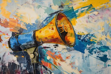 Vibrant artwork showcasing megaphone, symbolizing communication and announcement, painted on an abstract background