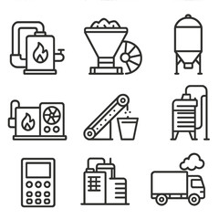 Biomass Energy Icons. Line style icons of Biomass Energy Facilities: biomass boiler, feedstock hopper, steam turbine, ash silo,