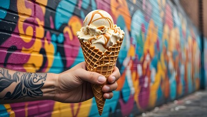 Hand holding a caramel ice cream cone against a vibrant graffiti wall