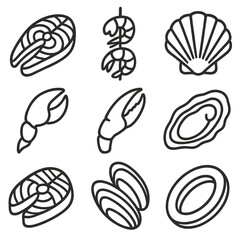 Seafood Platter Icons. Line style icons of Seafood Platter Favorites: salmon fillet, shrimp skewer, scallop shell, lobster claw,