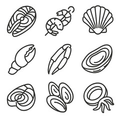 Seafood Platter Icons. Line style icons of Seafood Platter Favorites: salmon fillet, shrimp skewer, scallop shell, lobster claw,