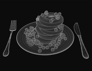 A 3D model of a delicious cake sits on a plate with a fork and knife, ready to be served. The black background highlights the dessert's texture and details. Perfect for bakery ads, food blogs.