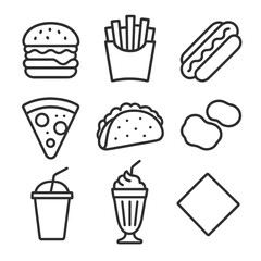 Line Style Fast Food. Line style icons of Fast Food Classics: burger, fries container, hot dog, pizza slice, tacos, chicken nugget