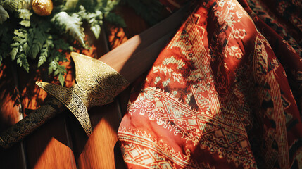 Naklejka premium Red-and-white batik textile beside a traditional keris dagger, celebrating Indonesian Independence Day with cultural pride.