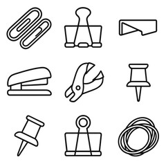 Office Fasteners Icons. Line style icons of Fasteners: paperclip set, binder clip, staple, stapler, staple remover, push pin,