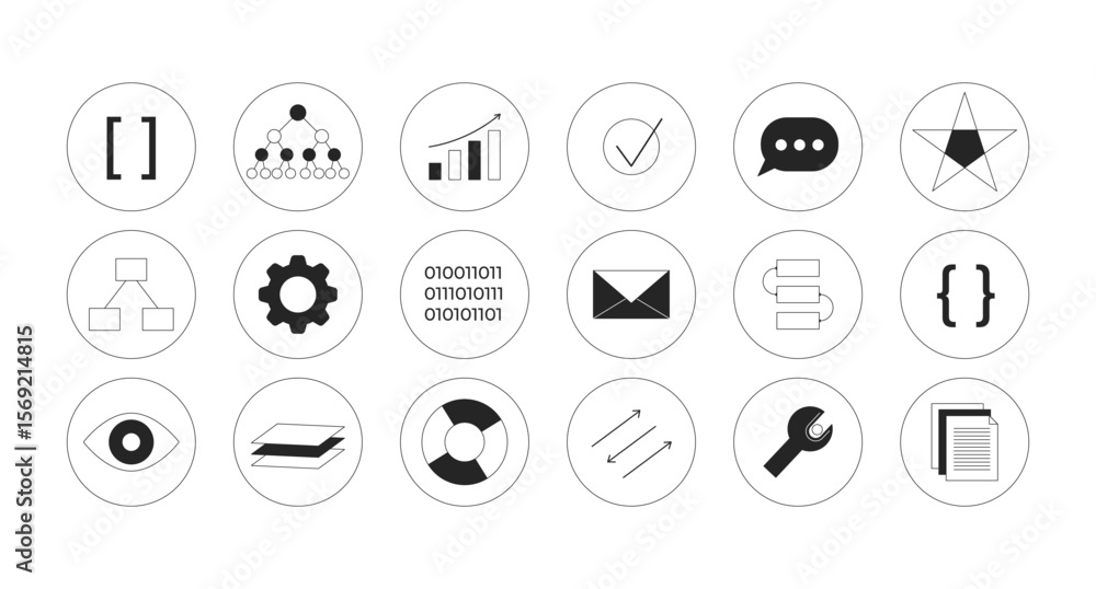 Poster technology and data 2d line round stickers objects set. coding, charts, data structure, tools, ui co
