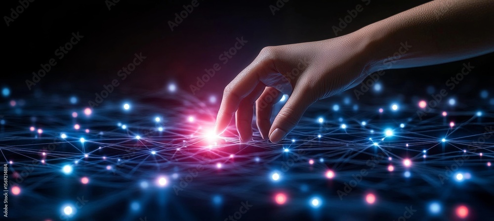 Poster human interaction with a futuristic ai network collaborating with advanced artificial intelligence
