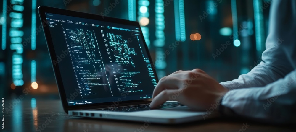 Poster cybersecurity specialist coding to secure the network man typing code on laptop at developer desk