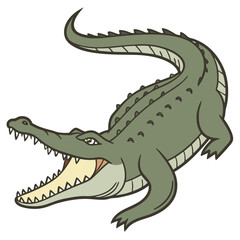 Fototapeta premium Dangerous Crocodile: A fierce crocodile is captured mid-action with its mouth wide open, ready to strike in a digitally rendered illustration.