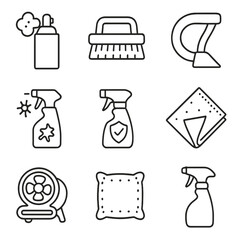 Upholstery Maintenance Icons. Line style icons of Upholstery Maintenance: foam spray, upholstery brush, vacuum hose tool, stain