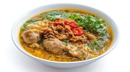 Photograph of Thai-style boat noodle soup with meat, herbs, and chili garnish in a white bowl.