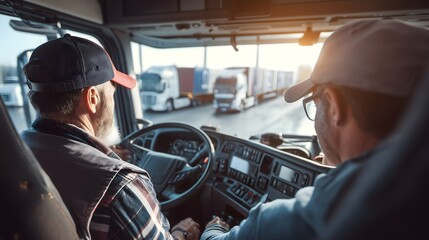 Truck driving school training yard with instructors. Concept of professional education.
