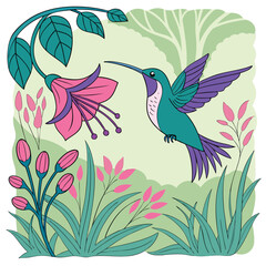 Hummingbird and Fuchsia: A vibrant hummingbird hovers near a fuchsia, delicately feeding on nectar within an enchanting garden. A charming illustrative image of nature's elegance.