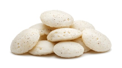 Obraz premium Photograph of puffed rice snacks, a stack of light-colored, irregular shapes with small holes.