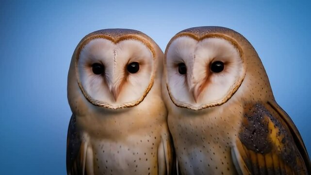 Two barn owls, side by side, looking directly at the viewer, against a blue backdrop.