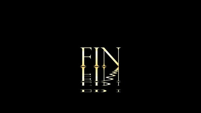 Texte "FIN" en fran&ccedil;ais avec effet miroir dor&eacute; sur fond noir, composition &eacute;l&eacute;gante et minimaliste pour conclusion de vid&eacute;o, g&eacute;n&eacute;rique ou contenu artistique, ambiance sobre et raffin&eacute;e