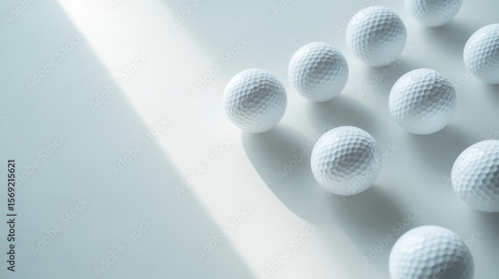 Poster Overhead shot of six pristine white golf balls arranged in a perfect circle on a reflective surface, emphasizing symmetry, smooth textures, and minimalistic elegance, creating a clean and sophisticat