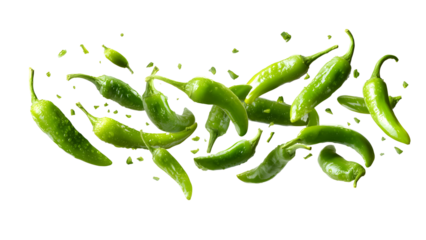 Fresh flying falling green chili peppers isolated on transparent background
