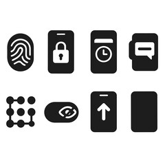 Lock Screen Icons. Solid style icons of lock screen styles: fingerprint area, lock preview, date/time design, message preview box,