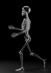 3D Transparent Human Skeleton in Running Pose on Black Background &ndash; Anatomical Visualization Showing Skull, Spine, Rib Cage, Pelvis, and Limbs for Medical Education, Motion Study and Science 