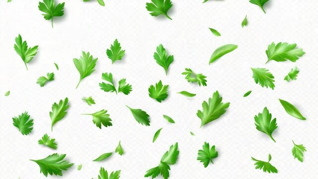 Fresh parsley leaves scattered on a transparent background