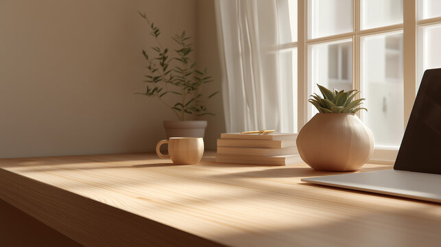 Minimalist wooden desk with organized workspace, embodying simplicity and productivity.