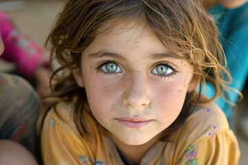 Close up of a young girl with captivating green eyes, freckles, and dirty face, evoking a sense of poverty yet radiating hope