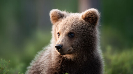 Obraz premium A captivating closeup of a brown bear cub against a blurred green backdrop. Symbolizes innocence, nature, and wildlife conservation. Perfect for educational content.