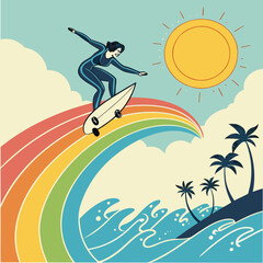 Surfer Riding Rainbow Wave with Summer Sun – Whimsical Surf Art, Vibrant Ocean Fantasy, Psychedelic Watercolor Style, Joyful Beach Scene, Utopian Summer Vibes Illustration