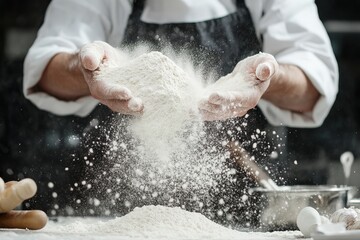 Chef hands tossing flour in kitchen creating dynamic baking preparation scene with rustic texture and energy
