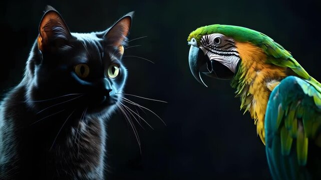 A black cat and a colorful parrot face each other, creating a striking contrast between the two animals.