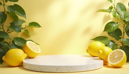 Yellow podium with sunlight and leaves