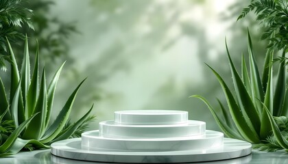 White podium with green leaves shadow