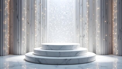 White marble podium with silver curtain