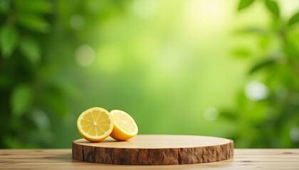 Wooden podium with lemon and green leaves
