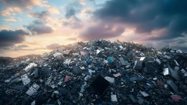 A large pile of electronic waste under a cloudy sky during sunset, highlighting environmental pollution and e-waste issues.
