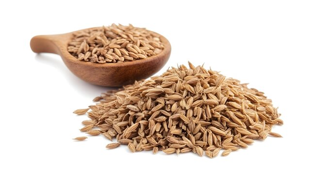 Photograph of cumin seeds piled in a wooden scoop against a white background.