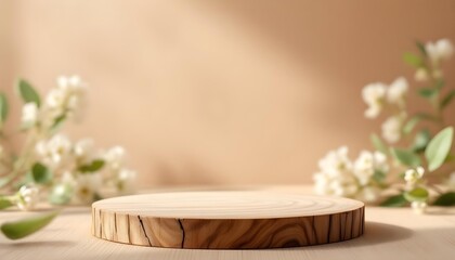 Wooden podium with soft beige background