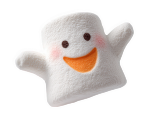 Cheerful ghost shaped marshmallow snack with smiling face, orange mouth, pink cheeks, white fluffy texture, isolated on transparent background, playful and cute design