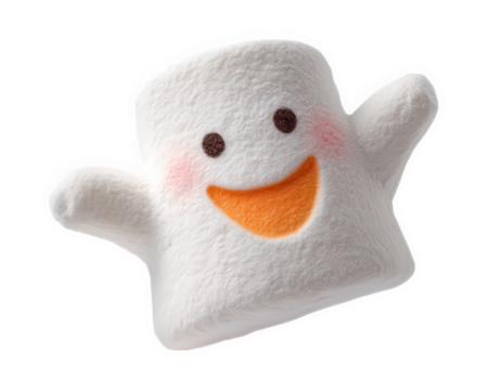 Cheerful ghost shaped marshmallow snack with smiling face, orange mouth, pink cheeks, white fluffy texture, isolated on transparent background, playful and cute design