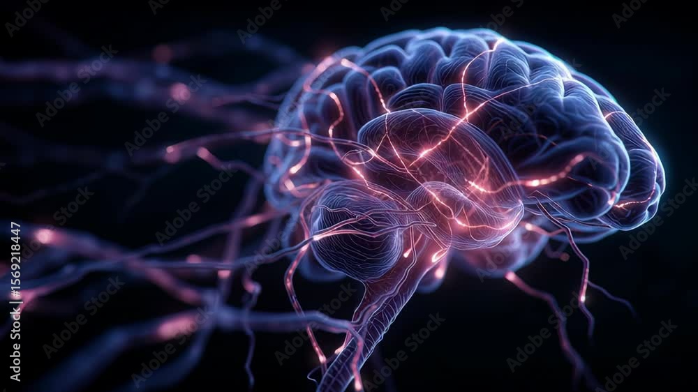 Poster a brain with purple and red lines is shown in the image. the brain is surrounded by purple and red l
