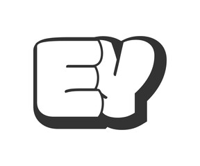 EY logo, bubble comic lettering, rounded in graffiti style black and white silhouette. Trendy preschool E and Y letter text for festival party, personal initials, children funky print and web.