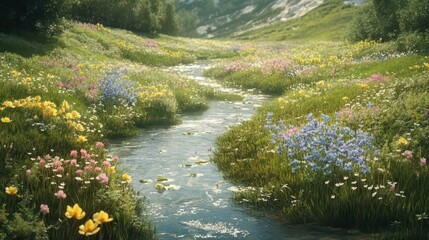 A serene landscape featuring a flowing stream surrounded by colorful wildflowers.
