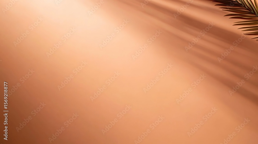 Poster overhead view of abstract palm leaf shadows cast diagonally on a soft pastel peach surface, creating