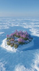 Vibrant Flowers Blooming on Icy Island Surrounded by Frozen Landscape