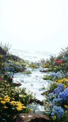 Serene Landscape with Vibrant Flowers and Gentle Water Flowing