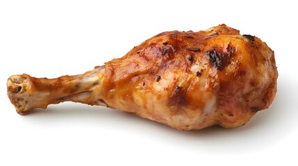 Photograph of a roasted chicken drumstick resting on a white background.