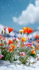 Colorful Spring Flowers Blooming in Melting Snow Under Blue Sky