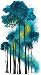 Colorful Night Sky with Trees and Cosmic Elements in Artwork